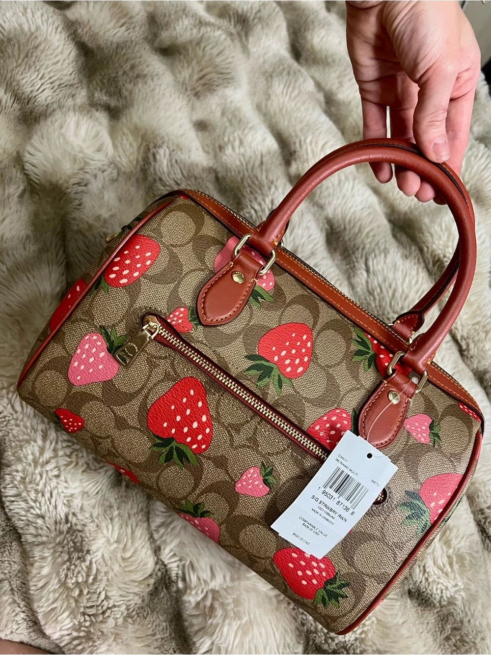 Medium Coach Rowan Satchel in brown & red signature strawberry print (MSRP $428)